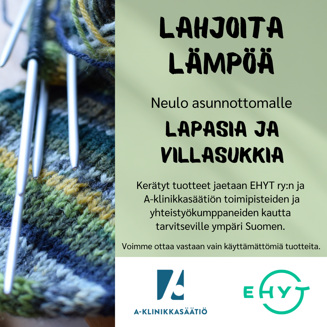 Lahjoita lämpöä - kampanjan mainoskuva, jossa villasukat ja tekstiä.